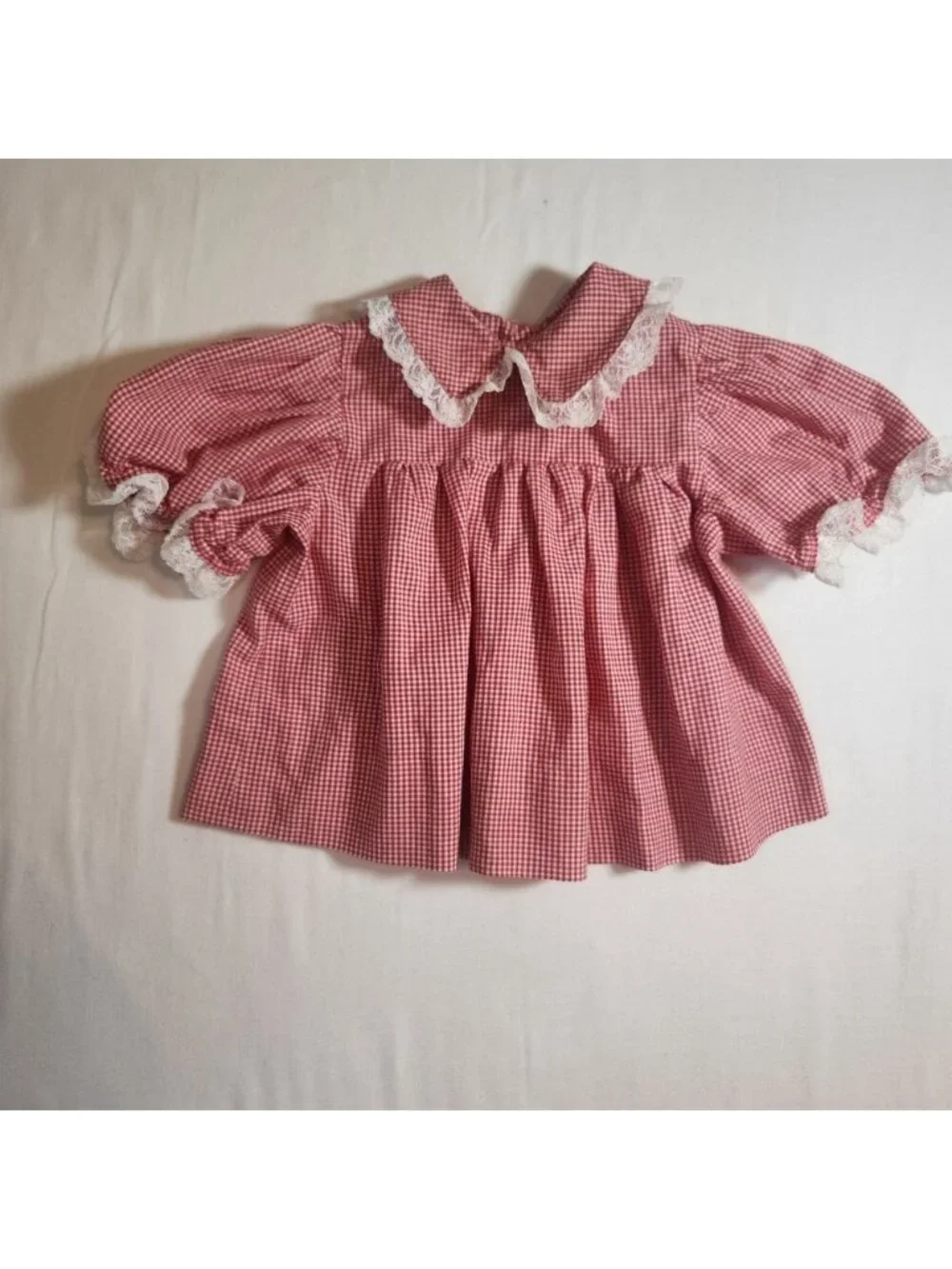 Vintage Handmade Gingham Baby Dress Set fit 6m-2y Lace peter pan collar 2pc